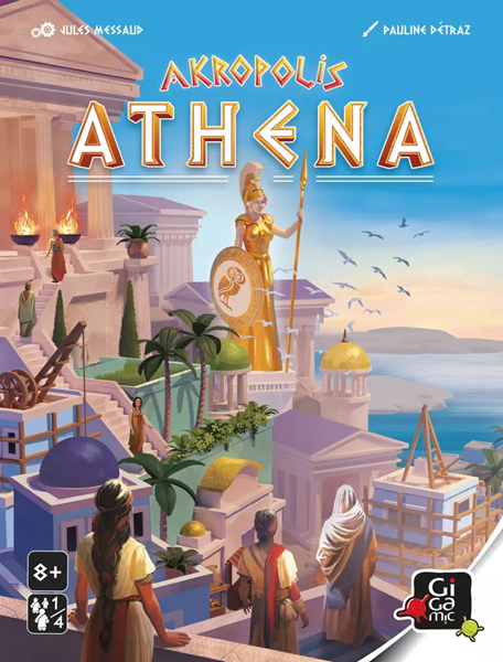 Cartas de construcción de Akropolis Athena junto a minilosetas y las piezas de la Estatua de Atenea sobre un tablero en partida