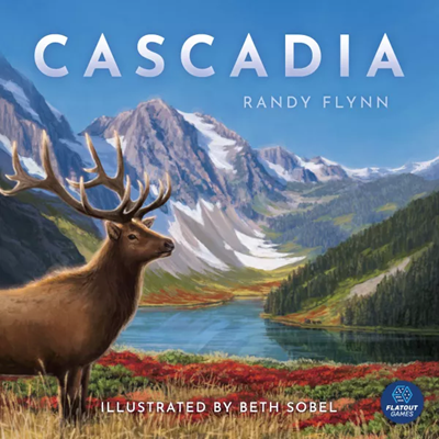 Tablero personal de Cascadia con fichas hexagonales de hábitat encadenadas formando bosques, ríos y montañas con tokens de fauna encima