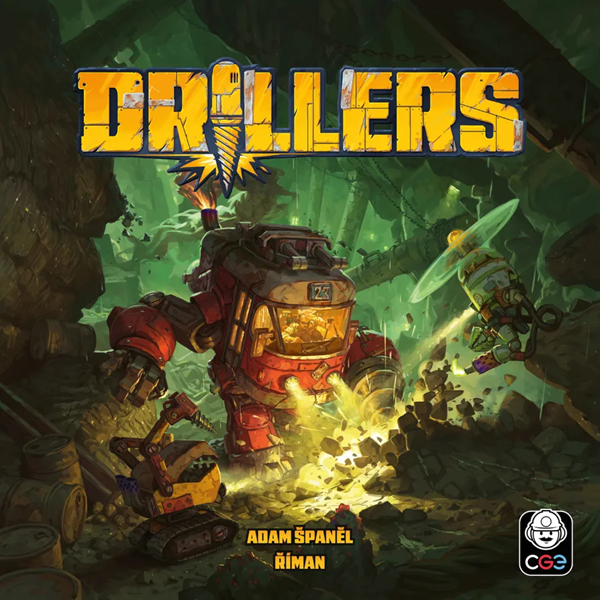 Tablero de Drillers con mechs desplazados por los niveles de la mina y cartas de extracción desplegadas junto a la reserva de minerales