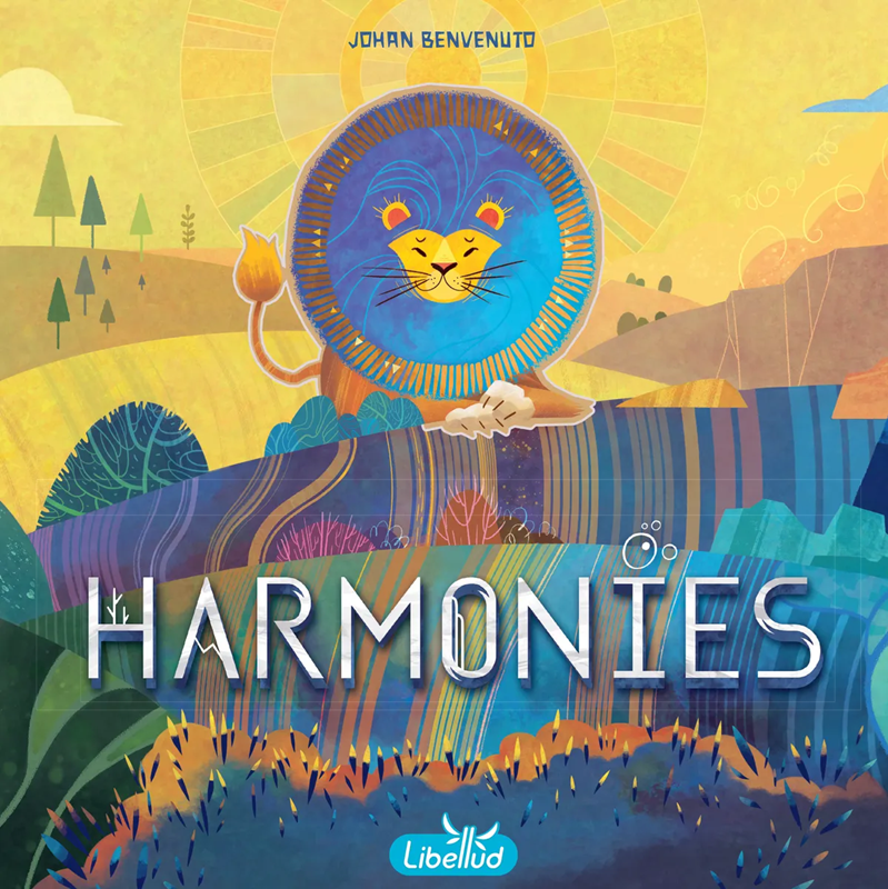 Tablero personal de Harmonies con fichas de terreno apiladas en hexágonos formando montañas, ríos y bosques en tres dimensiones