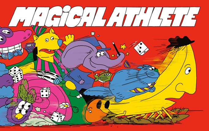 Caja de Magical Athlete con el tablero de carreras y los corredores disparatados de la edición 2025 de CMYK