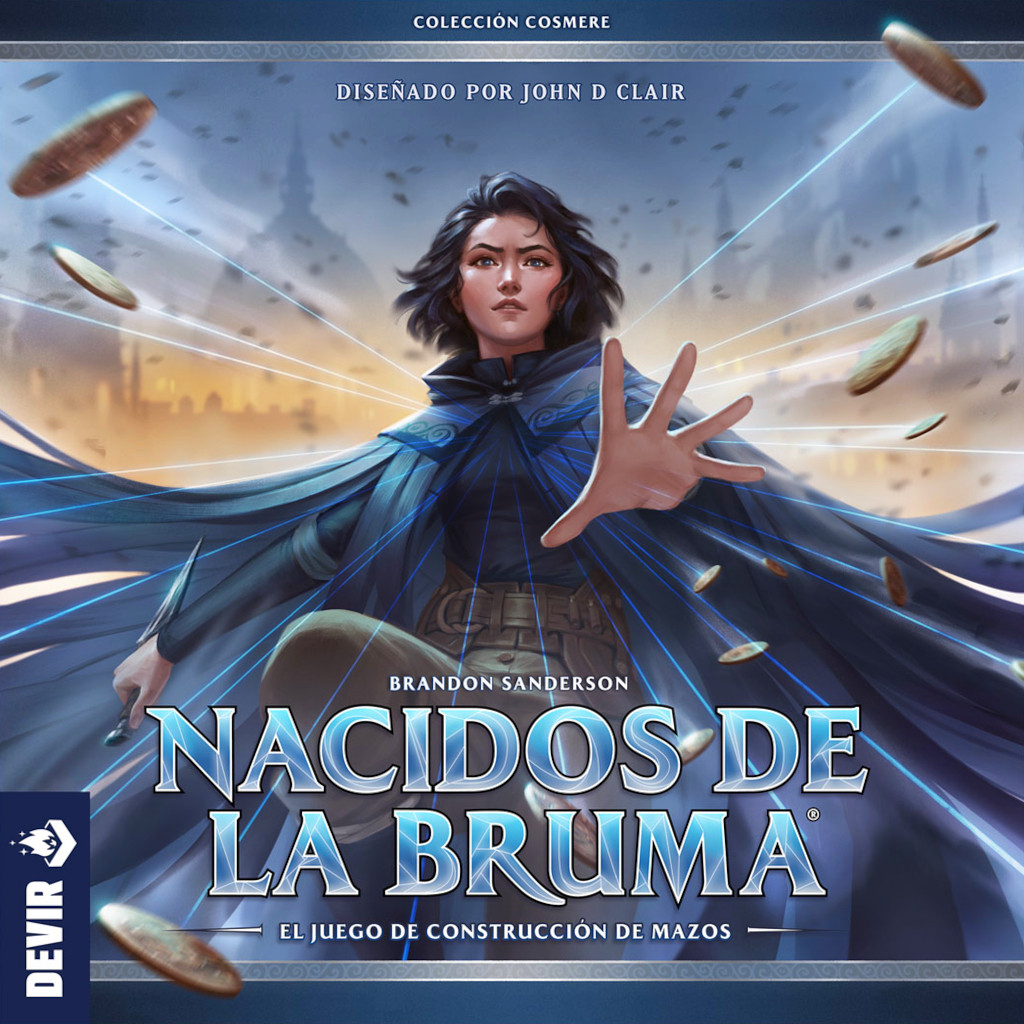 Mazo de cartas de metales alománticos y tablero personal de Nacidos de la Bruma desplegado sobre la mesa