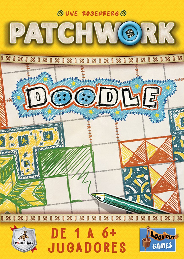 Hoja de cuadrícula de Patchwork Doodle con polominós dibujados junto a la rueda de piezas y el lápiz