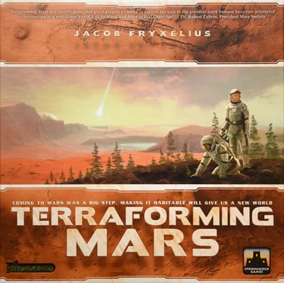 Tablero central de Terraforming Mars con losetas de océano y ciudad colocadas sobre la superficie marciana hexagonada