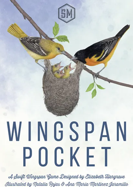 Caja compacta de Wingspan Pocket mostrando aves ilustradas y cartas de doble cara